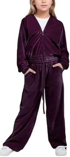 FEOYA Tuta Bimba Kpop Primavera Completo Bambini Velluto Autunno Pantaloni Bambine Sportivo Inverno Set Ragazza Tempo Libero Movimento Jogging Elasticizzati Hip Hop Viola 12 13 Anni