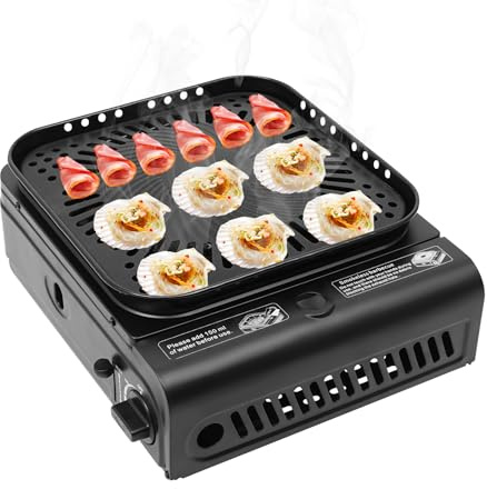 HUOMMGS 2-i-1 camping gasgrillset 2,3 KW liten gasgrill bordsskiva campingkök utomhus campinggrill 31 x 27 cm BBQ campingkök med 19 cm kruka, E tändning balkonggrill för vandring (svart)