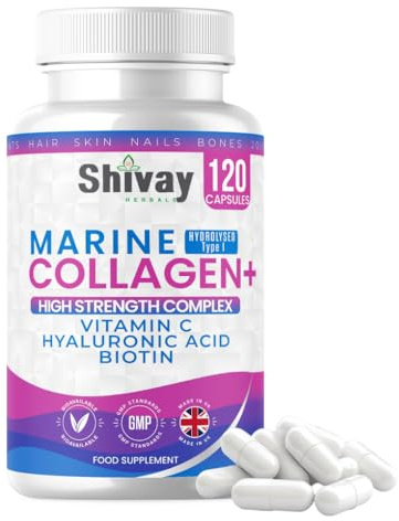 Marine Collagen Complex 1000mg - 120 Marine Collagen Capsules with Vitamin C, Hyaluronic Acid & Biotin - Type 1 Hydrolysed Marine Collagen Supplements for Skin, Hair & Nails - 2 Month Supply Shivay