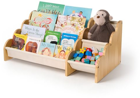 Puricon Barnbokhylla med 4 våningar med leksakshylla, Montessori-inspirerad band frontbokhylla arrangör med vågig kant för småbarn - Beige
