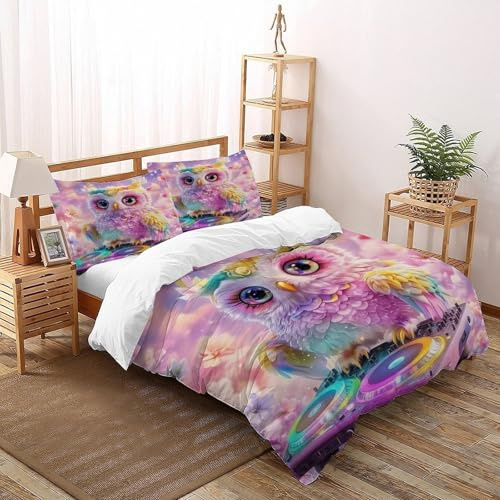 XIKMLSID attrezzature DJ gufo 3 Pezzi Set Di Biancheria Da Letto Per Bambini,Dolce E Confortevole,animali carini Disegno 3D,fibra Ultrafine,Adatto Per Adulti E Bambini Super King（260x220cm）