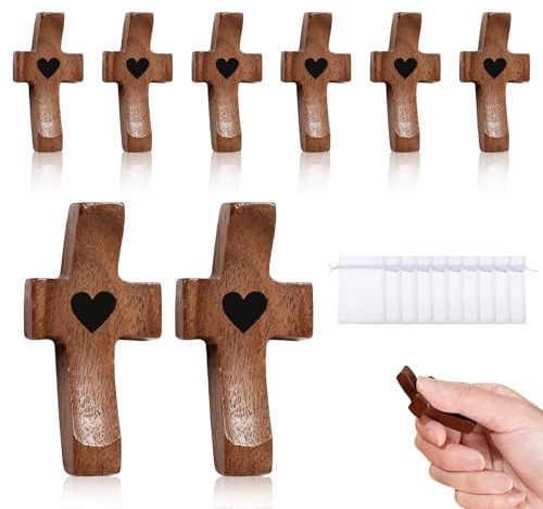 YMTWSRY 10 cruces de madera, cruces de bolsillo con bolsas de organza, cruz de palma de madera para oraciones devocionales, bautizo, comunión