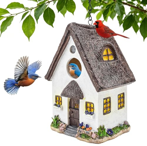 Yiomxhi Casa para Pájaros de Exterior, Casita Colgante de Resina con Orificio de Entrada de 35 mm para Herrerillos Gorriones, Caja Nido Decorativa para Jardín Patio Porche