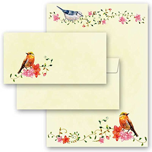20-pc. Complete Motif Letter Paper-Set Birds Chirping 10 Sheets of Stationery Paper + 10 Matching envelopes DIN Long windowless