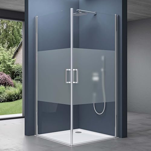 doporro Eck-Duschkabine Eckdusche 90x80x195cm Duschabtrennung ESG-Sicherheitsglas Milchglas Streifen inkl. beidseitiger Easy-Clean-Beschichtung Hebe- und Senkmechanismus Ravenna24MS