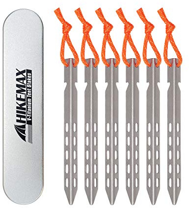 Hikemax Ultralight Titanium Tent Stakes 6 Pack - V-Shaped Tent Pegs with Reflective Pull Cords - Made for Camping
