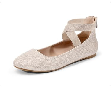DREAM PAIRS Women's Sole_Stretchy Gold/Glitter Elastic Ankle Straps Ballet Flats Shoes Size 7 US/ 5 UK