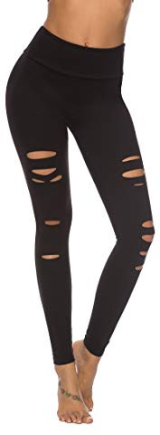 DIBAOLONG Womens High Waist Yoga Pants Cutout Ripped Tummy Control Workout Running Yoga Skinny Leggings Black M