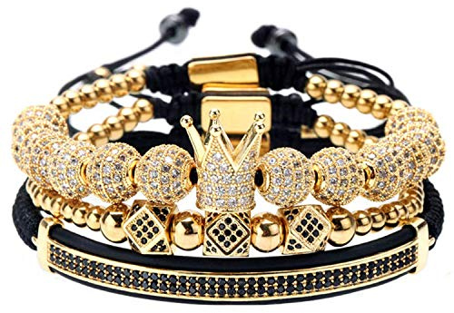 GVUSMIL Luxury CZ Imperial Gold Crown Bracelets Set King Royal Style with 8mm Zirconia Beads Braided Pulseira Bangle Charm Jewelry for Men
