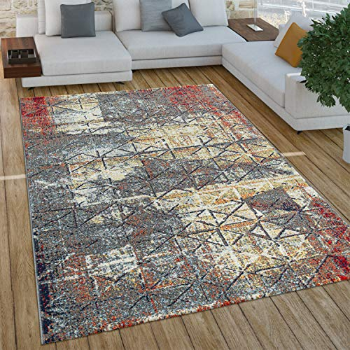 Paco Home Wohnzimmer Teppich Kurzflor Boho Vintage Design Geometrische Muster Used Look Industrial Style, Grösse:120x170 cm, Farbe:Grau 2