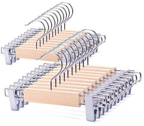 Nature Smile 20 Pack 10.2 Inches Unfinished/Natural Kids Baby Toddler Infant Children Solid Wooden Pants Skirts Hangers Wood Trousers Bottom Hangers with 2-Adjustable Clips 360° Stronger Swivel Hook