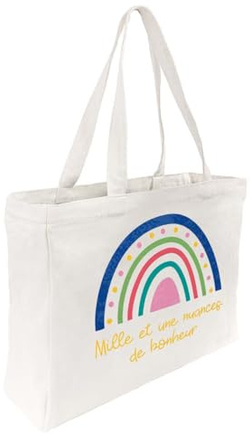 Draeger Paris – Tote Bag Arcobaleno Mille Bonheur(in francese) – Leggero, resistente, interno spazioso, in cotone 100% – Tracolla solida e confortevole – Borsa shopper riutilizzabile