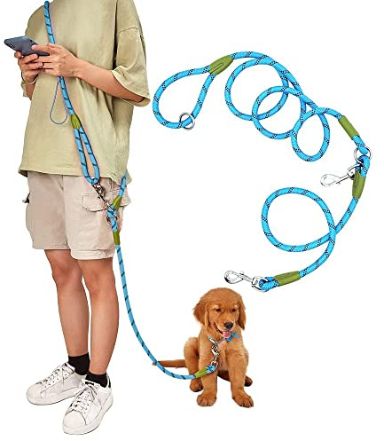 Laisse Mains Libres pour Chien en Bandoulière, Idéale pour Course, Randonnée et Marche – Nylon Robuste Réfléchissant, Boucle Anti-nœud 360° – pour Chiens Moyens et Grands(Bleu)