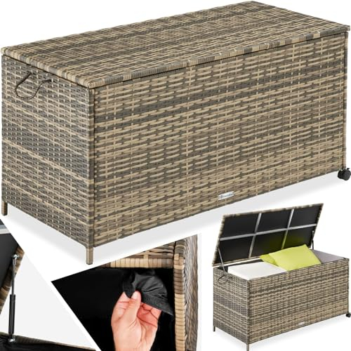tectake® Coffre de jardin Exterieur, Coffre à Coussins 297 L en Aluminium Polyrotin 117 x 54 x 64 cm avec Roulettes, Couvercle Rabattable, Poignées pour Rangement des Outils de Jardin, Matelas, Jouets