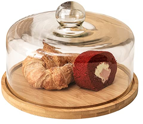 Dôme en Verre avec Base en Bois Présentoir à gâteau Cloche Cloche en Verre Transparent Cloche en Verre Plateau de présentation en Bois for Dessert Fromage Bonbons Plantes Succulentes (Color : Wood,