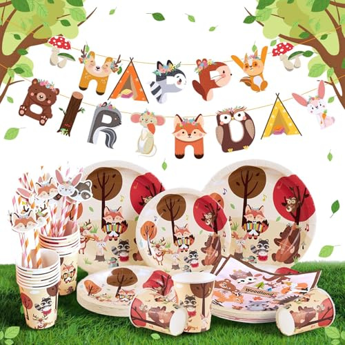 EASY JOY 86PCS Woodland Party Decorations Animal Paper Tableware | Jungle Safari Paper Plates Cups Napkins Animal Happy Birthday Banner for Summer Garden Wild One Birthday Baby Shower