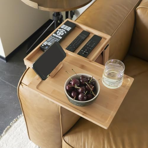 PURASKER Vassoio da divano in bambù, vassoio a due ripiani con clip girevole a 360° e supporto per telefono, per mangiare e bere, 33 x 24,1 x 3 cm