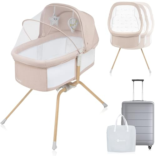 Lionelo Malin Evo Babywiege, Reisebett für Babys mit Matratze, Kinderreisebett, Reisegitterbett, von 0 bis 9 kg, Vordach, Moskitonetz, klappbar, Schaukelsystem, Liegeverstellung, schnelle Montage