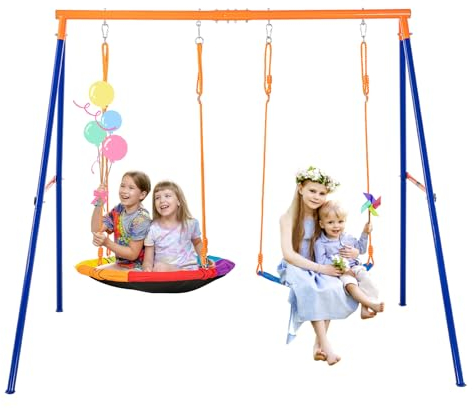 VEVOR Backyard, 440lbs Load Capacity Set, with 1 Saucer, 1 Belt Seat, Heavy Duty A-Frame Metal Swing Stand and Adjustable Rope, Swingset Outdoor for Kids, Steel Pipe, Blue
