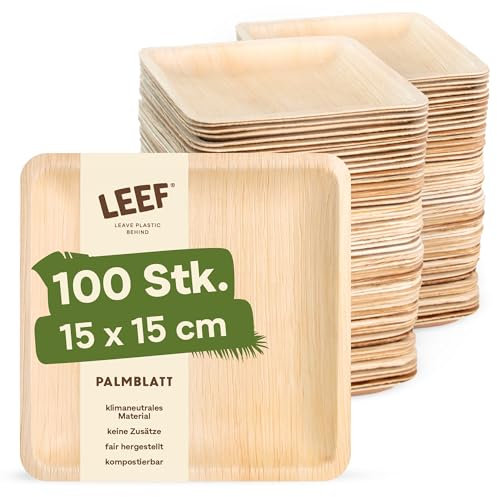 Leef – Assiettes en Feuille de Palmier Carrées – Vaisselle Jetable Compostable et Naturelle – Écologique, Idéal Fête et Traiteur (15 x 15 cm)