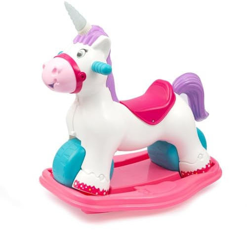 Primì - Unicorno Cavallo Dondolo per Bambini, Gioco 2 in 1, Cavalcabile Interattivo con Luci, Suoni E Base Basculante Removibile, Peso Massimo Consentito 20 kg, dai 12 Mesi