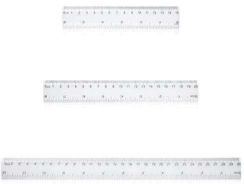 Linjaler av plast, transparent, okrossbar, 15 cm, 20 cm, 30 cm, 3 stycken