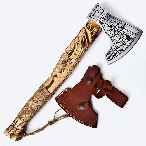 HACHE DE DÉCORATION VIKING LARP, CADEAU POUR LES FANS DE VIKING, Étui de transport, revêtement antiadhésif, lame en acier de haute qualité - manche en bois, longueur : 52 cm, 1 kg Cadeau d'anniversair