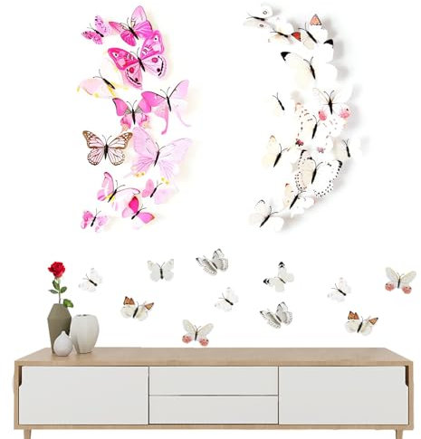 EUYKQNOI farfalle decorative,Confezione da 24 Farfalle Magnetiche 3D Rosa e Bianco, Decorazione da Applicare