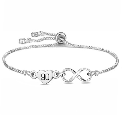HEYEJET Regalos de cumpleaños para mujer, pulsera de plata con corazón infinito del 7 al 100 para niñas, regalos de cumpleaños para ella, cadena ajustable Teenis, Adjustable, Chapado en cobre y plata