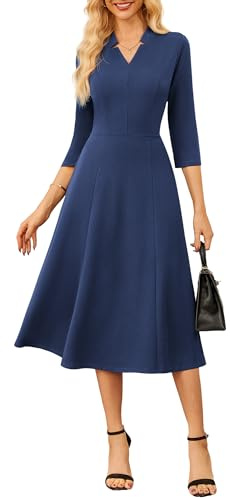 GRACE KARIN Elegante vestido de cóctel de manga 3/4 para mujer, cuello en V, vestido de negocios con bolsillos, azul marino, M