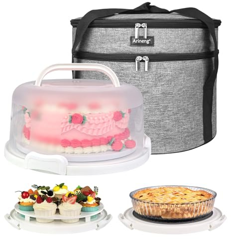 Arineng 10 inch Round Cake Carrier Box with Lid and Handle, Transportation Insulated Bag for Cakes, Cupcakes and Pies, Triple Locking Design for Safe Transportation (Grey, 5.5 Inches High)