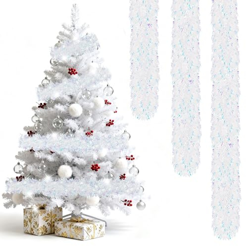 Natale Tinsel Ghirlanda 4 Pezzi Ghirlanda Orpelli Natalizia, Decorazioni Natalizie per Porta, Camini,Scale,Decorazioni dell'albero di Natale, Totale 8M, Bianco Iridescente
