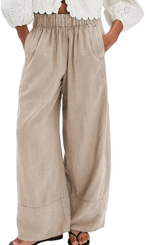 SeeLuNa Linen Pants for Women Cotton Baggy Boho Casual Palazzo Pants Wide Leg Long Lounge Trousers with Pockets(Khaki, S)