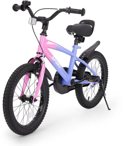BODIOO Vélo enfant 16 pouces pour garçons et filles avec siège réglable, roues stabilisatrices, frein à main, frein à rétropédalage et cadre stable pour conducteurs de 104 à 117 cm (dégradé de violet)