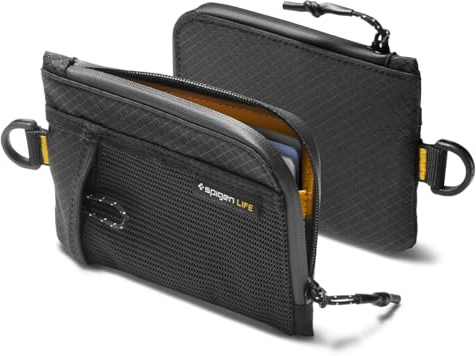 Spigen Life for Soft Material Card Wallet, RFID Blocking Slim EDC Wallet with Mesh Pocket, D-Ring Strap, Waterproof YKK Zipper, Lightweight Everyday Carry Card Holder - Black