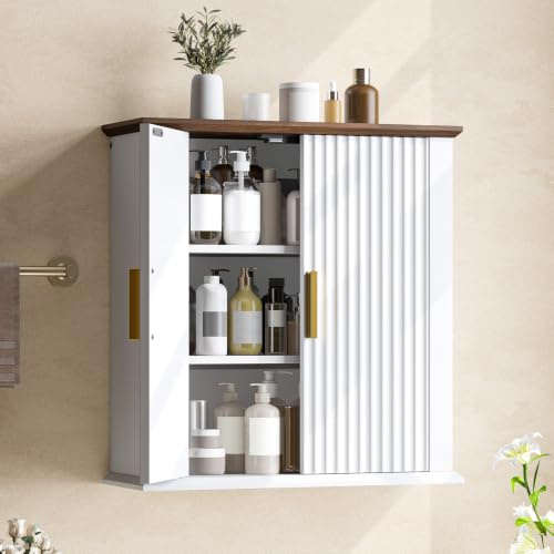 CHOEZON Bathroom Wall Cabinet, Medicine Cabinet, Fluted Bathroom Cabinet with Adjustable Shelves, Farmhouse Wall Storage Cabinet for Bathroom, Kitchen, Laundry Rooms, White and Walnut