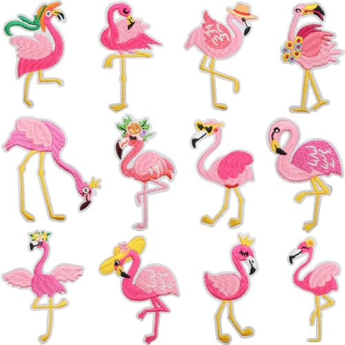 Dermalyx 12 stycken Flamingo strykplåster, påstrykningsbara applikationer för tyger, broderade lappar Flamingo röd, för kläder jeans jackor väskor gör-det-själv-tillbehör