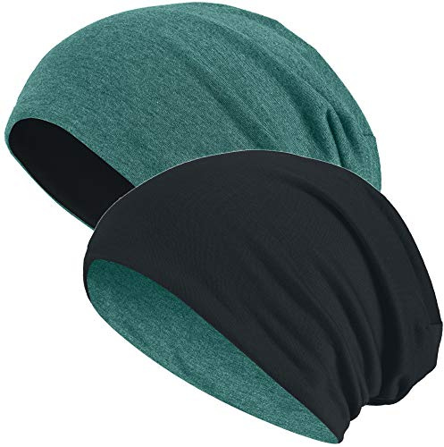 Hatstar 2in1 Wende-Beanie, Reversible Slouch Beanie für Damen & Herren, Grün meliert/Schwarz, Jersey Mütze aus Baumwoll-Mix, One Size, atmungsaktiv & bequem, Übergangsmütze, 30°C waschbar