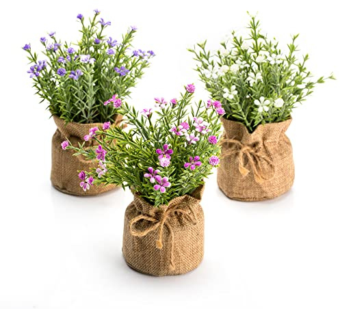 Velener Babys Breath Artificial Flowers in Small Burlap Bag Vases 3Pcs -Gypsophila Faux Flowers Farmhouse Home Coffee Table Bookshelf Office Desk Decorations Kitchen Dining Room Fake Plants Indoor