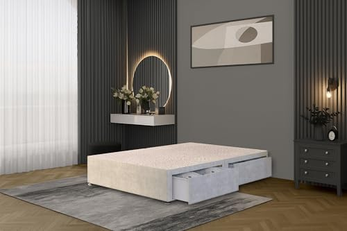 Bed Centre Flexby Divan Bed Base Only with 2 Drawers (Same Side), No Headboard - Available in 3FT, 4FT, 5FT & 6FT (6FT Super King, Plush Silver Fabric)