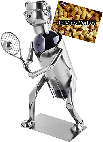 Brubaker Portabottiglie Giocatori di Tennis - Portabottiglie a Scultura in Metallo - Regalo di Vino per Gli Appassionati di Tennis con Biglietto D'Auguri