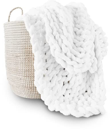 Adyrescia Manta de Punto Grueso, 100% Tejida a Mano con Hilo de felpilla Jumbo (50 x 60 Pulgadas, Blanco Brillante)