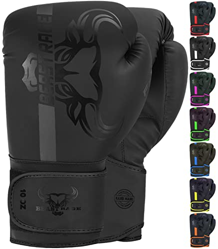 BEAST RAGE Boxhandschuhe Kickbox Handschuhe Boxing Gloves Männer Damen Box Handschuhe+ Training Schwarz Adult 8 10 12 14oz 16oz Muay Thai Kampfsport Boxsack Herren (Schwarz, 12 OZ)