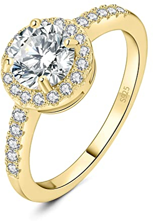 JewelryPalace Klassisch Rundschliff 1ct Zirkonia Halo Promise Ring Damen, Schmuck Set, Verlobungsring Damenring Silber 925 mit Stein für Frauen, Simulierte Diamant Jubiläum Eheringe Vergoldet 59