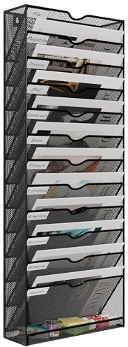 EasyPAG 13 Fächer Metall A4 Zeitschriftenhalter Wand Zeitschriften Wandhalter Aktenablage Dokumentenhalter Hängend Magazin Organizer Flyerständer Prospektspender,Schwarz