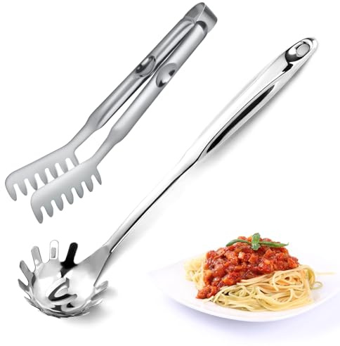 Pleafind Spaghetti Spoon and Spaghetti Tong 2-Piece Set, 13-Inch Non-Stick Spaghetti Fork and 11.4-Inch Kitchen Tong, Easy Storage and Cleanup, Ergonomic Design, stainless steel