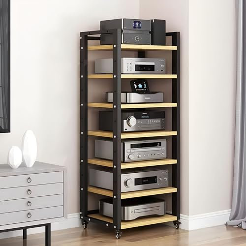 Hifi Rack Hifi Regal Medien-DVD-CD-Player-Ständer, Audio-Rack, 4, 5, 6, 7 Ebenen, Leistungsverstärker-Geräteschrank mit höhenverstellbarem Holzregal, bodenstehende Lagerregale 50 x 40 x 140 cm(Black,7