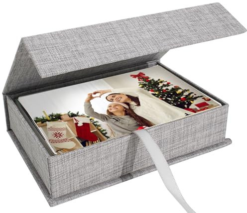 Hiwhy Photo Storage Box 13x18 cm, Linen Photo Box, Memory Box Perfect to Store Your Photo, Pictures, Certificates, Scrapbooking Supplies, Keepsakes and Jewelry Grey