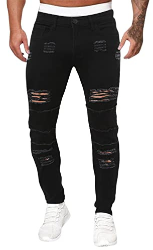 Generisch Pantalon en jean décontracté pour homme en noir pur de style classique avec grand stretch, trou étroit et petite jambe, léger, Noir , W32