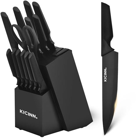 Kicinn Bloc de Couteaux de Cuisine 14 Pièces – Ensemble de Couteaux avec Ciseaux et Aiguiseur – Noir